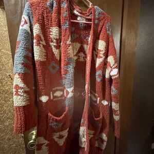 Red and Gray Geometric Cardigan Sweater